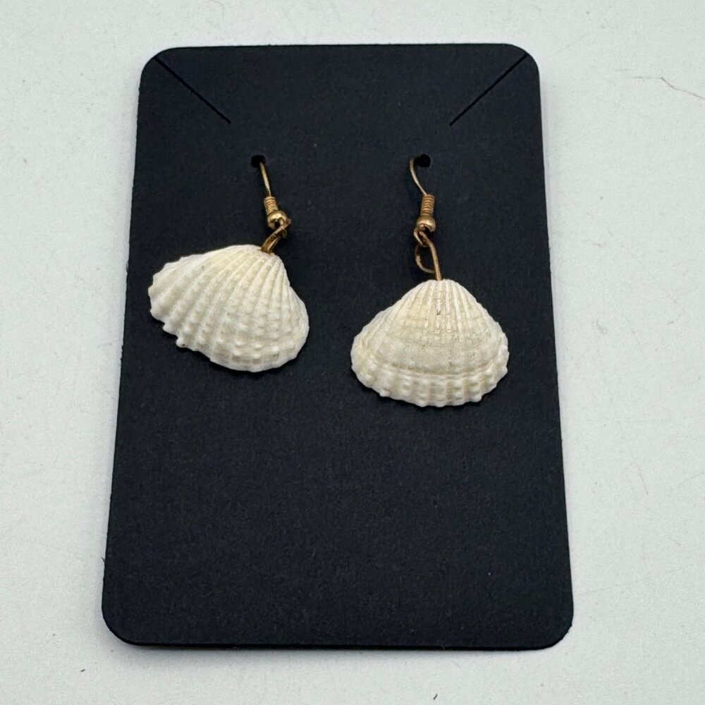 White Seashell Dangle Earrings With Gold Hooks